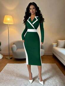 Vestido negro corto de manga larga, ajustado y elegante con contraste de color en el cuello de la chaqueta, para otoño/invierno - Verde Oscuro - Ver 5