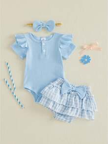 Newborn Baby Girl Summer Clothes Infant Baby Girls Summer Outfit Ribbed Knit Short Sleeve Romper Elastic Waist Plaid Shorts Ruffled Skirts Headband Set - 藍色 - 查看 1