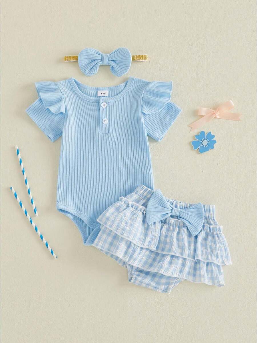 Newborn Baby Girl Summer Clothes Infant Baby Girls Summer Outfit Ribbed Knit Short Sleeve Romper Elastic Waist Plaid Shorts Ruffled Skirts Headband Set - 藍色 - 查看 1