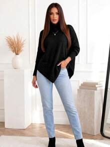 Women's Knitted Blouse With High Neck, Poncho Style, Comfortable And Modern, For Cold Weather. - Negro - Ver 2