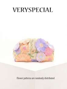 1 pieza Bolso de embrague de nube con volantes de tela de lino con malla bordada con patrón floral de lentejuelas de PVC de colores, bolso de noche elegante y brillante para uso casual, vacaciones y fiestas (se envía aleatoriamente el patrón de lentejuelas florales) - Beis - Ver 9