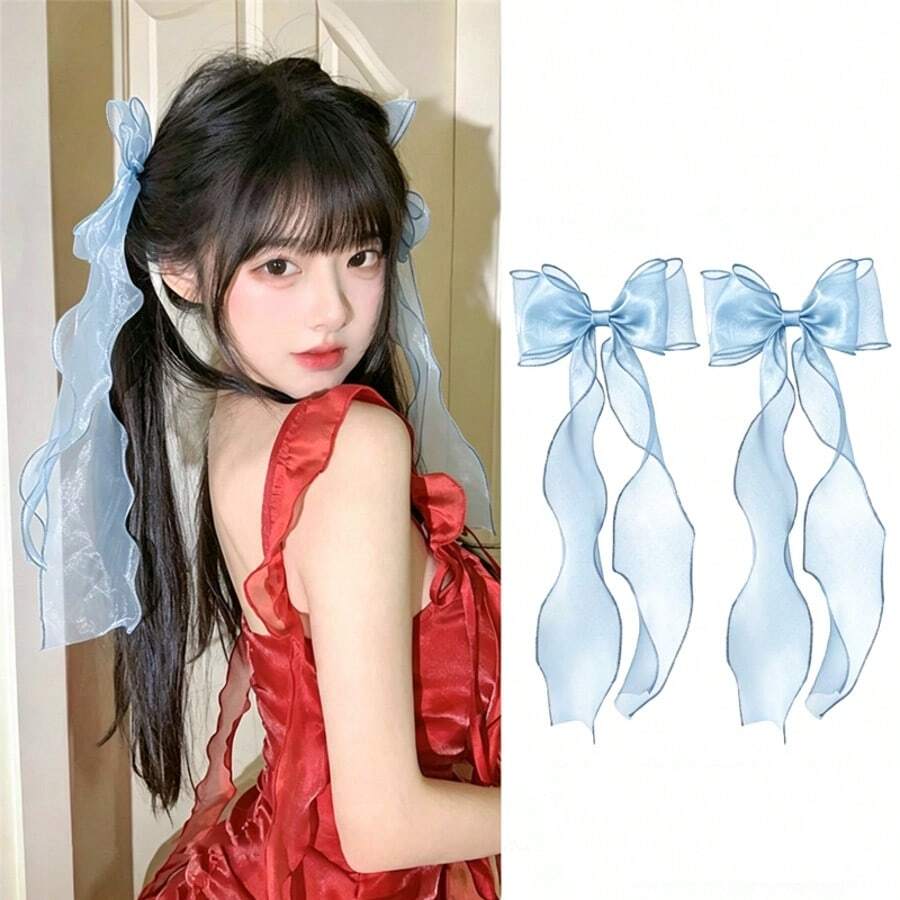 2件装女士发饰,甜美可爱双马尾蝴蝶结发夹,高端网纱蝴蝶结发夹,适合日常使用 - 藍色 - 查看 1
