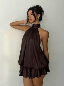 Elegant Women's Mini Dress With Halter Neck And Bow In Light Yellow - 全穀類咖啡 - 查看 5