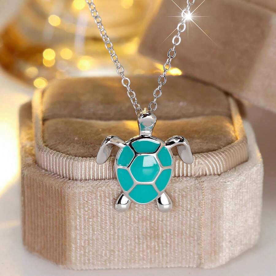 Vanel 1 chiếc mặt dây chuyền hình rùa biển màu bạc thanh lịch, trang sức thời trang chủ đề đại dương, thích hợp đeo hàng ngày. - xanh bạc - Xem 1