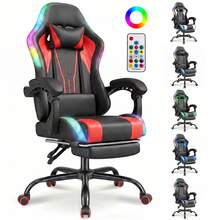 DEVOKO RGB LED Gaming Chair, Ergonomic Office Chair With Footrest, Remote Control, Height-Adjustable PC Gaming Chair, PU Leather, 150kg Load Capacity - Red - View 1