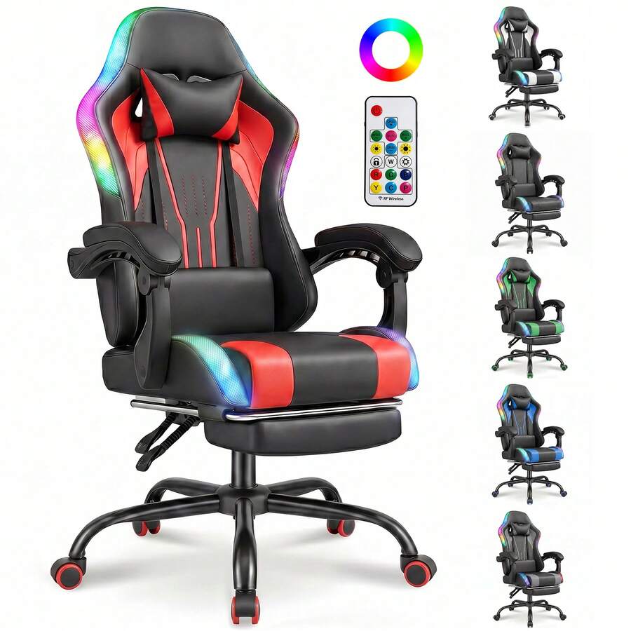 DEVOKO RGB LED Gaming Chair, Ergonomic Office Chair With Footrest, Remote Control, Height-Adjustable PC Gaming Chair, PU Leather, 150kg Load Capacity - Red - View 1