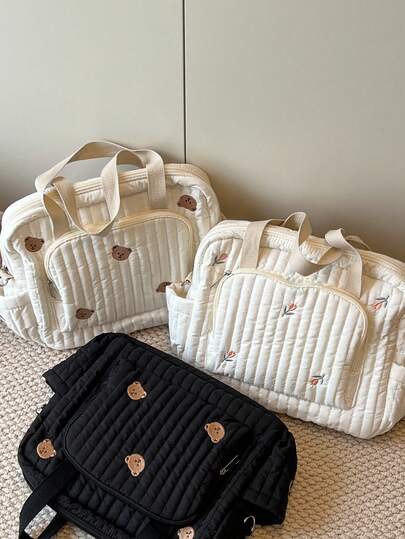 1pc White Cotton Quilted Mommy Bag, Portable Handbag Shoulder Bag For Daily Use