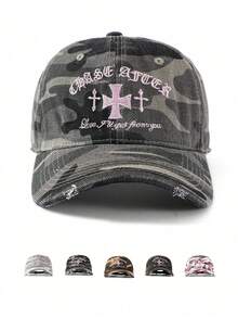 1顶复古甜美酷炫迷彩刺绣字母十字男女通用棒球帽，情侣街头时尚百搭迷彩帽，做旧软帽冠弯檐按扣，嘻哈遮阳帽，春夏款 - 彩色 - 查看 1