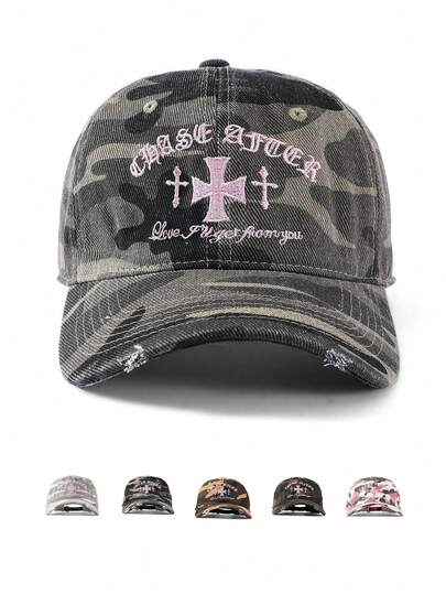 1pc Retro Sweet & Cool Camouflage Embroidered Letter Cross Unisex Baseball Cap, Couple Street Fashion Versatile Camo Hat, Distressed Soft Crown Curved Brim Snapback, Hip Hop Sun Visor Cap, Spring/Summer,Holiday,Festival