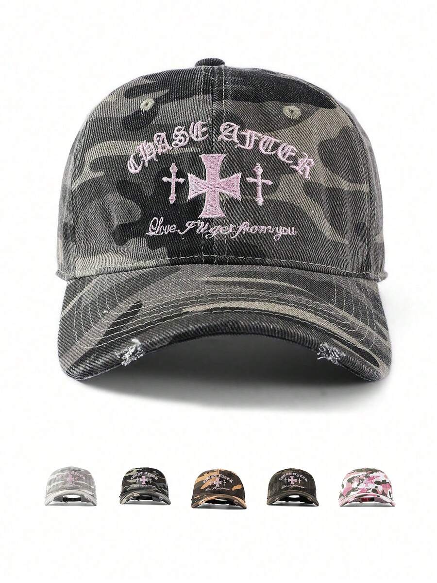1顶复古甜美酷炫迷彩刺绣字母十字男女通用棒球帽，情侣街头时尚百搭迷彩帽，做旧软帽冠弯檐按扣，嘻哈遮阳帽，春夏款 - 彩色 - 查看 1