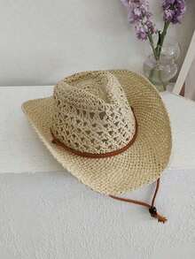 1pc Vintage Hollow Wide Brim Straw Hat, Retro Western Cowboy Beach Hat, Suitable For Spring/Summer Outdoor Travel, Vacation, Beach, Handwoven Breathable UV Protection Western Cowboy Panama Straw Hat, Unisex - Màu Khaki - Xem 5