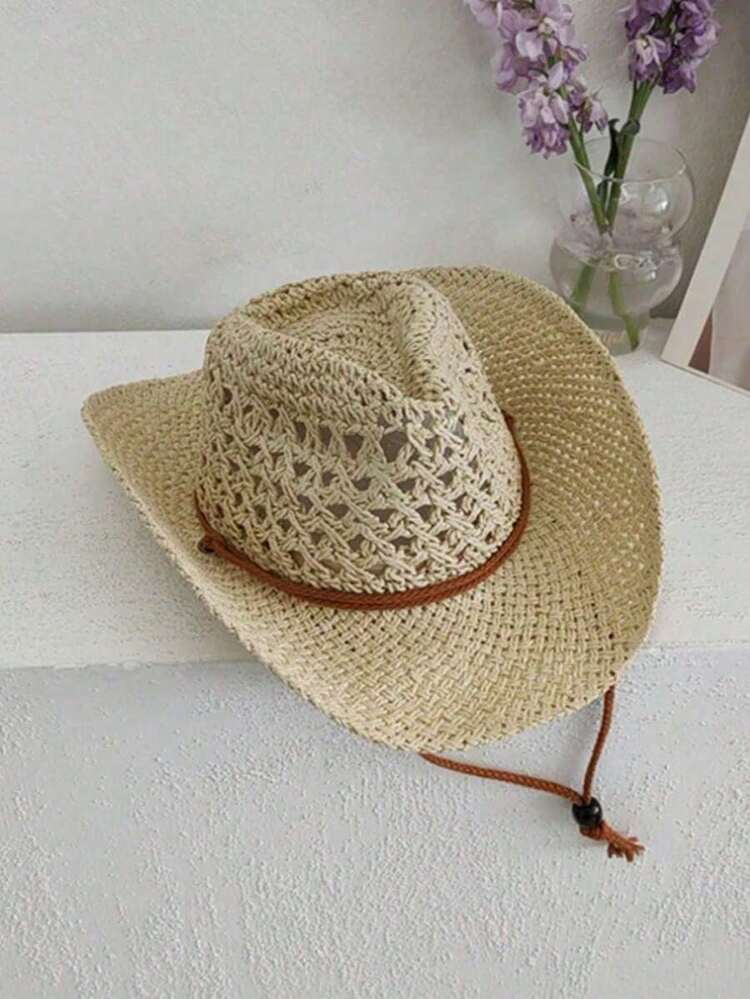 1pc Vintage Hollow Wide Brim Straw Hat, Western Cowboy Beach Hat, Suitable For Spring/Summer Outdoor Travel, Vacation, Beach, Handwoven Breathable UV Protection Western Cowboy Panama Straw Hat, Unisex - Khaki - View 5