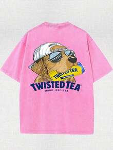 Vintage Washed Dog Graphic T‑Shirt, Retro Sunglasses Dog Print Crew Neck Short Sleeve Casual Fall Streetwear Oversized Tee For Women - 玫紅色 - 查看 8