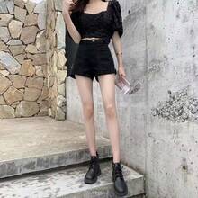 High-Waisted Zipper Design Denim Shorts In White. Unique, Street Style, Casual, Cargo, School, Half-Pants, Denim Shorts, Black Trousers, Women's Shorts, Women's Loungewear, Women's Shorts, Women's Pants, Skirts, Y2K Denim Pants, Women's Spring Clothes, Denim Trousers, Summer Clothes, Women's Shorts, Half-Pants. - Black - View 4