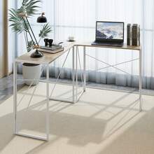 Modern L-Shaped Corner Desk For Laptop Or Home Office - Wood Color + White - View 4