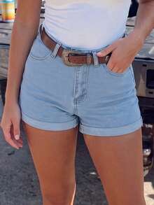 Quần short denim ống bó, màu sáng, thiết kế tối giản theo phong cách Âu Mỹ, trang phục mùa hè thường ngày dành cho nữ. - Rửa nhẹ - Xem 5