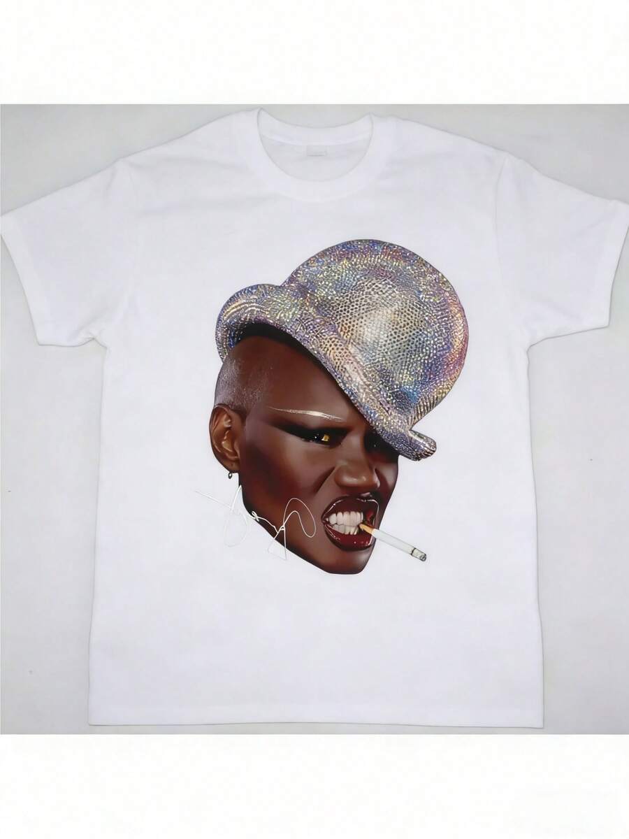 Verano Unisex Kortärmad T-Shirt Med Signerat Ansiktstryck - Lös Och Avslappnad Passform, Ikonisk Design Med Autograf, Maskintvättbar, För Vardagligt Bruk Under Alla årstider, Bekväm Rundhalsad T-Shirt För Män Och Kvinnor (Lösa Och Bekväma Toppar Verano) - 白色 - 查看 1