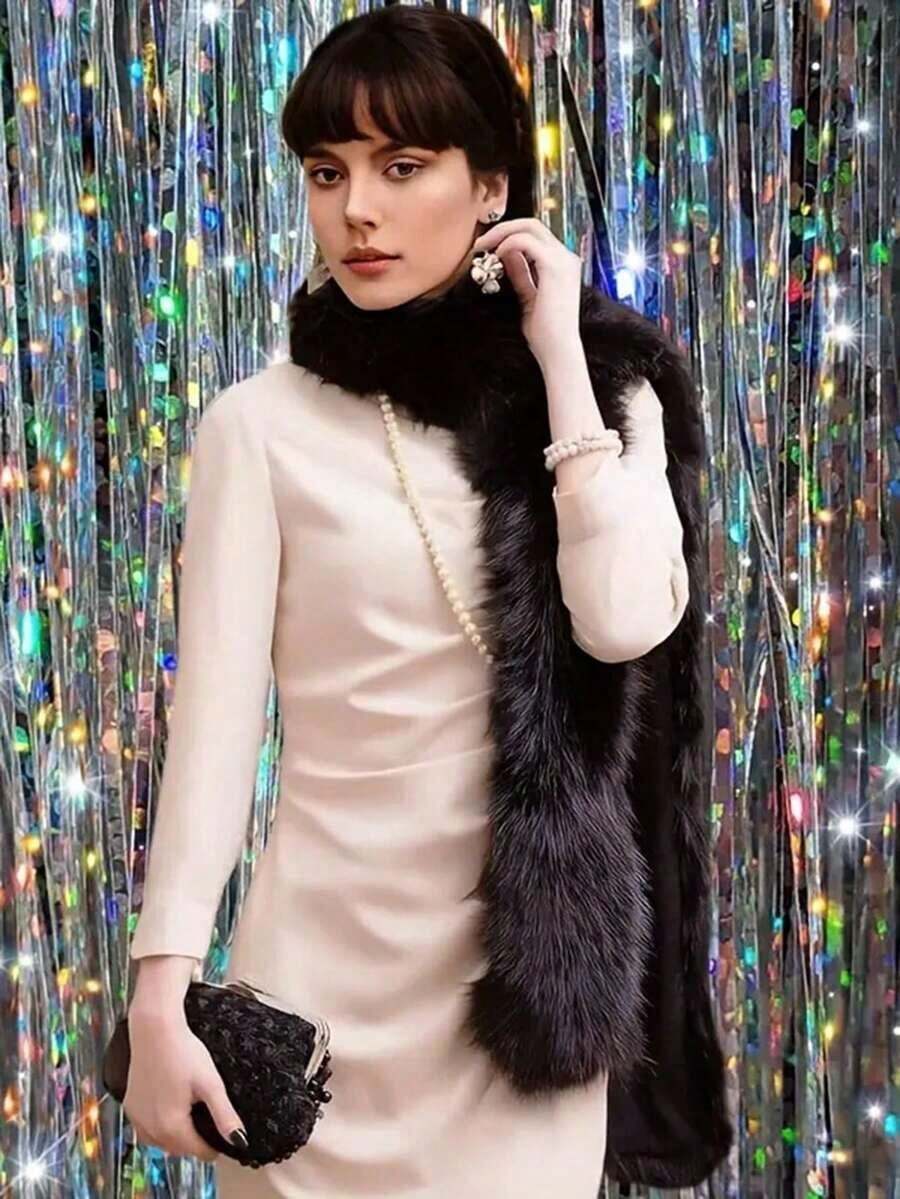 1pc Women Solid Color Faux Fur Scarf, Party Fake Fur Collar, Winter Wedding Ceremony Accessory - 20th Century Style For Dress - White - View 1