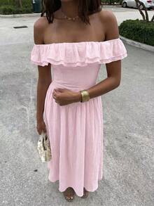 Unadoll Women's Summer Casual Elegant Pink Off The Shoulder Ruffle Maxi Dress, Solid Color A-Line Vacation Dress For Beach & Daily Wear Party - Pink - View 1