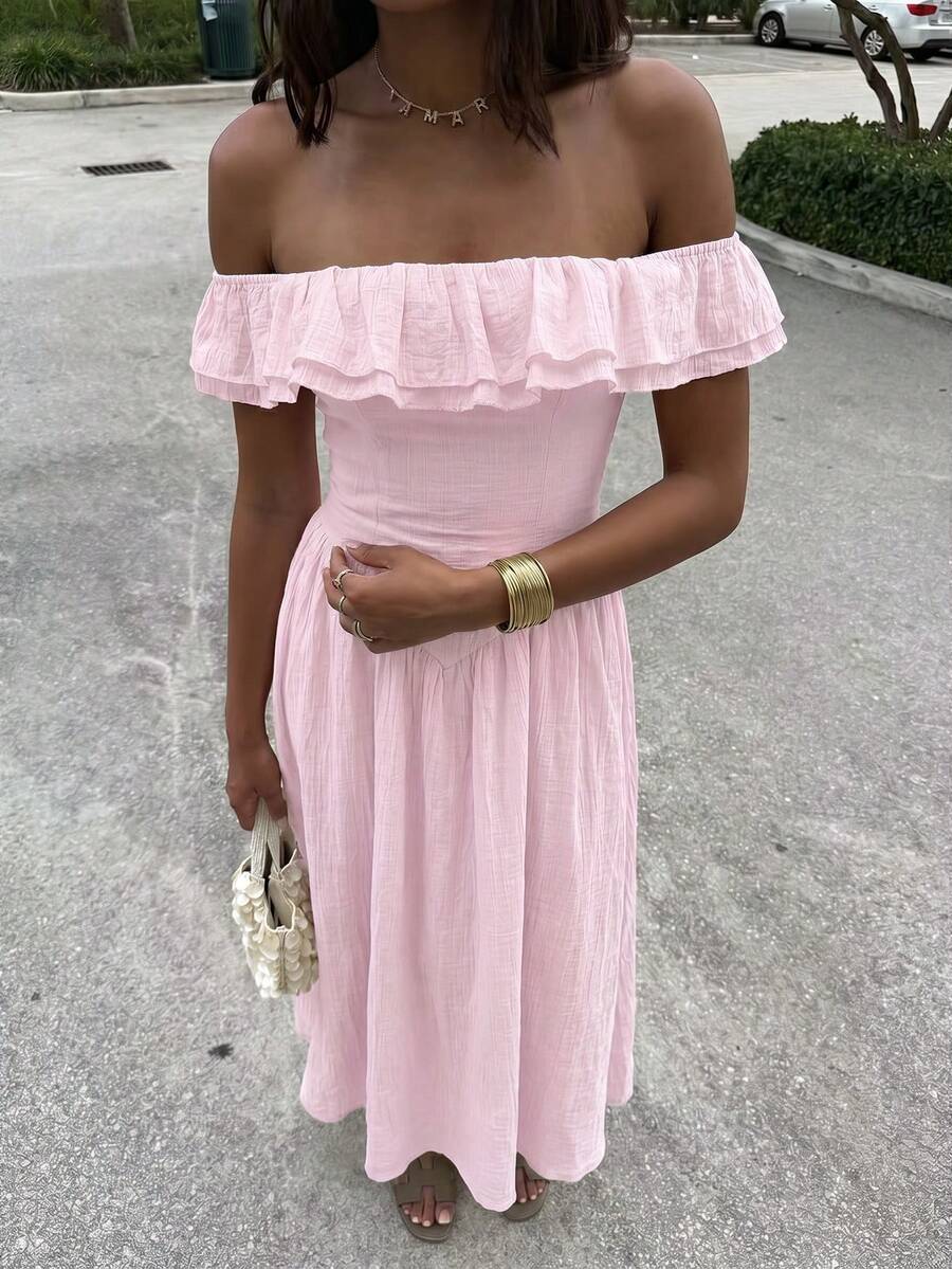 Unadoll Women's Summer Casual Elegant Pink Off The Shoulder Ruffle Maxi Dress, Solid Color A-Line Vacation Dress For Beach & Daily Wear Party - Pink - View 1