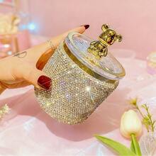 Sparkling Rhinestone Bear Shaped Storage Jar, Diamond Dotted Cotton Swab Organizer Box With Acrylic Lid, Luxury Cosmetic Storage Box For Vanity And Room Decor - Multicolor - View 7
