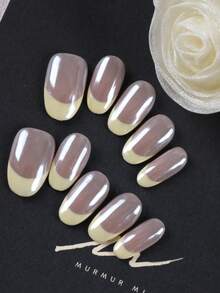 10pcs Pink French Style Minimalist Mirror Surface False Nails, Short Length For Office & Daily Wear, Artificial Nail Set Includes 1pc Nail Sticker Sheet And 1pc Mini Nail File - Multicolor - View 9