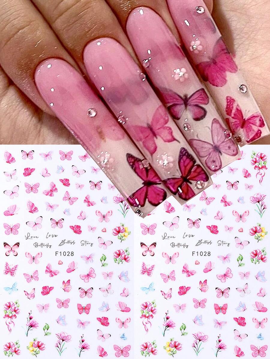 2片/套 粉色盛开花瓣和蝴蝶图案美甲贴纸,夏季春季DIY美甲装饰用品 - 彩色 - 查看 1