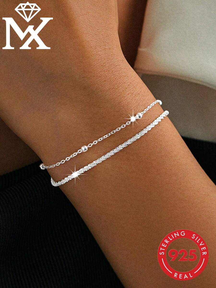 1 chiếc vòng tay hai lớp lấp lánh bằng bạc sterling 925 thiết kế độc đáo dành cho nữ, sang trọng, tinh tế, thích hợp đeo hàng ngày, làm quà tặng tình bạn và sinh nhật. - Bạc - Xem 1