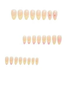24片短方形亚克力美甲贴纸，简约3D波浪花卉图案，奶油黄法式美甲，柔粉渐变法式美甲，奢华金色珠饰，夏季美甲必备，全覆盖假指甲套装，含1张胶水和1个迷你指甲锉，随机发货 - 彩色 - 查看 3