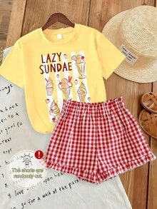 Set de 2 piezas con parte superior y shorts a cuadros para niña (corte aleatorio), conjunto de shorts con estampado creativo, suave y cómodo, adecuado para uso diario en primavera/verano - Amarillo - Ver 2