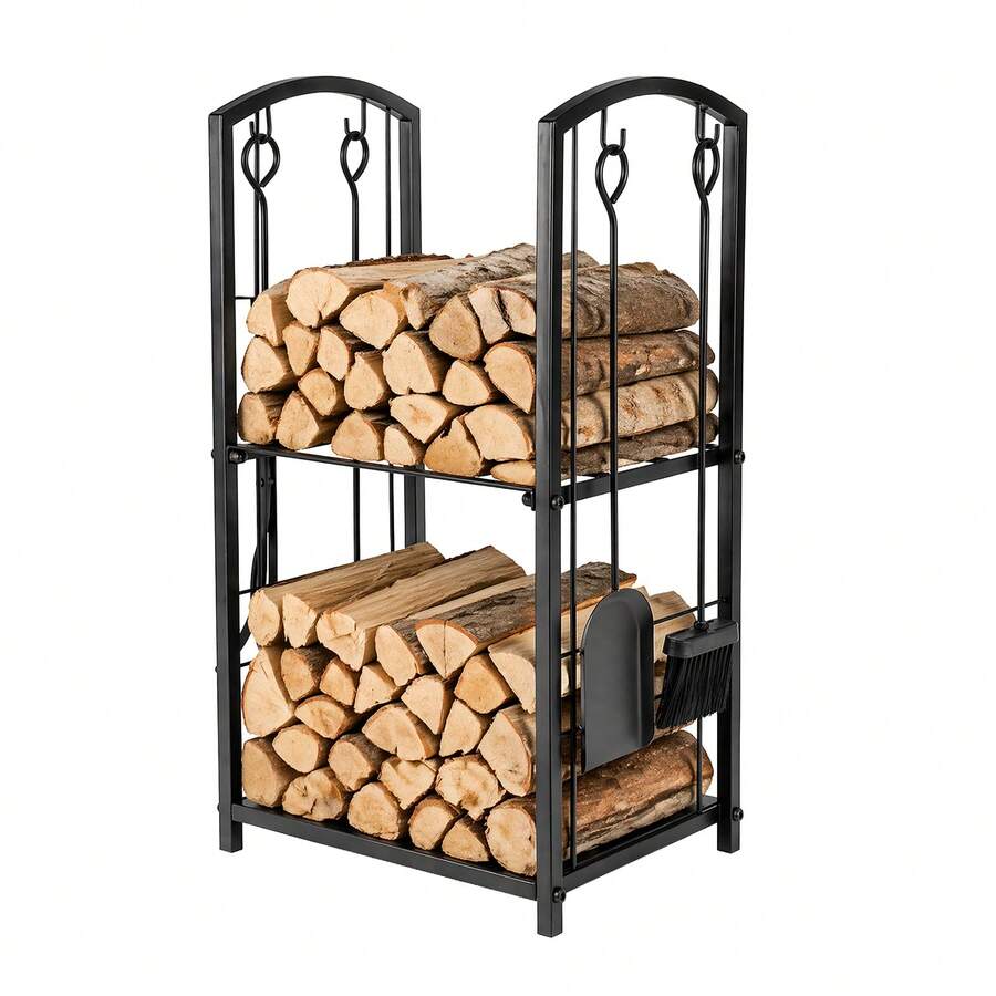 Firewood Log Rack With Fireplace Tools, 2 Tier Metal Log Store Indoor ...