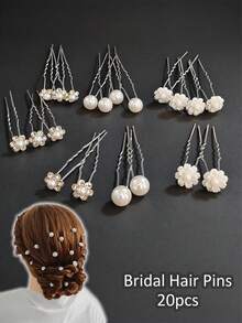topshiny 20pcs Pearl & Rhinestone Flower Bridal U-Shaped Hair Clips Hair Accessories Set - White Pearl With Small White Flowers - View 15