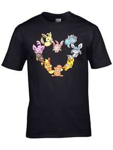 Casual And Simple Patterned Round Neck Short-Sleeved Fitted Women's T-Shirt, Eevee Evolution Heart T-Shirt, Dream Evolution T-Shirt, Suitable T-Shirt, Eevee Evolution Youth T-Shirt, Gift For Anime Lovers, Suitable For Adults And Children, 220g Thick Cotton, Spring And Summer Top, Loose Fit T-Shirt, Machine Washable, Pullover Shirt, Retro Hip-Hop Style, Street Style, Seasonal Clothing, Breathable Material, Unisex For Holidays. - 黑色 - 查看 14