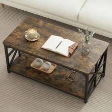 GOFLAME Rectangular Coffee Table With Open Storage Shelf, Industrial Farmhouse 2-Tier Accent Table, Heavy-Duty Metal Frame Center Table For Living Room, 109x50x48cm, Rustic Brown - Rust Brown - View 7
