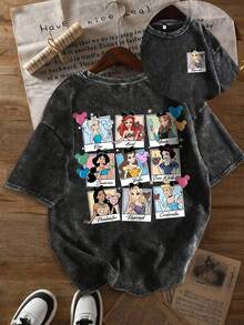 Disney Princess Mickey Balloon Letter" Pattern Printed T-Shirt Summer Women's Fun T-Shirt Short Sleeve Top Printed Regular Fashion Niche Snowflake Washed T-Shirt - màu đen - Xem 1