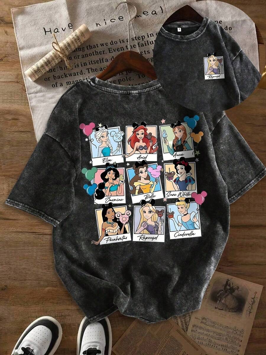 Disney Princess Mickey Balloon Letter" Pattern Printed T-Shirt Summer Women's Fun T-Shirt Short Sleeve Top Printed Regular Fashion Niche Snowflake Washed T-Shirt - màu đen - Xem 1