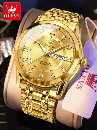 GUANQIN Đồng hồ thạch anh nam, đồng hồ vàng đính kim cương sang trọng, đồng hồ thạch anh nam chống nước, dạ quang, vỏ thép không gỉ chống mài mòn, lịch kép, mặt số đa chức năng, đồng hồ thời trang công sở, thể thao, cổ điển, tối giản, cơ tự động, thích hợp cho Lễ Phục sinh, Halloween, Giáng sinh, Ngày của Cha, tựu trường, sinh viên, sinh nhật, ngày lễ, Ngày Valentine, hẹn hò, công sở, hàng ngày, quà tặng, lễ hội âm nhạc, mùa cưới.