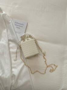 Textured Drawstring Chain Beaded Handbag, New Bucket Bag, Minimalist Chic Box-Shaped Shoulder Crossbody Bag For Women - White - View 9