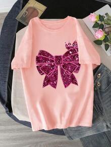 3 Stücke/Set Teenager Mädchen Rundhals Kurzarm T-Shirts, verschiedene Farben mit Schleifen Muster, einfaches lässig T-Shirt Set - Verschiedenfarbig - Übersicht 7