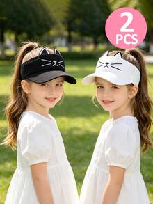 2pcs/Set Kids Cute Cat Ear Sun Hat, Breathable Knitted UV Protection Sun Hat For Girls, Suitable For Outdoor Sports & Daily Wear In Summer - 2pcs - View 4