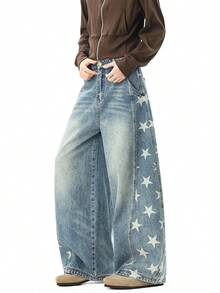 Quần jeans ống loe dáng rộng in hình ngôi sao phong cách retro Mỹ, rách nhẹ. - Màu xanh nhạt - Xem 4