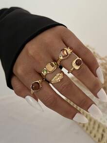 13/6/20pcs Cincin Logam Batu Permata Mata Harimau Berwarna-warni Gaya Bohemian Elegan Vintage untuk Wanita, Cocok untuk Pemakaian Sehari-hari, Pesta, Liburan, Kencan, Cincin Emas Wanita yang Dapat Ditumpuk - Emas - View 8