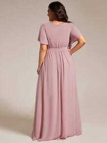 EVERPRETTY Elegant V-Neck Ruffle Sleeve Pink Bridesmaid Formal Dress, Suitable For Wedding Guests, Brides, Mothers, Vacation Party - Pink - View 4