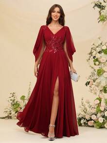 Chiffon Mother Of The Bride Dress, V-Neck Cape Sleeve Beaded Sequin Embroidered A-Line Maxi Dress With Slit, Elegant Wedding Guest & Formal Evening Dress For Women - Rượu sâm banh - Xem 3