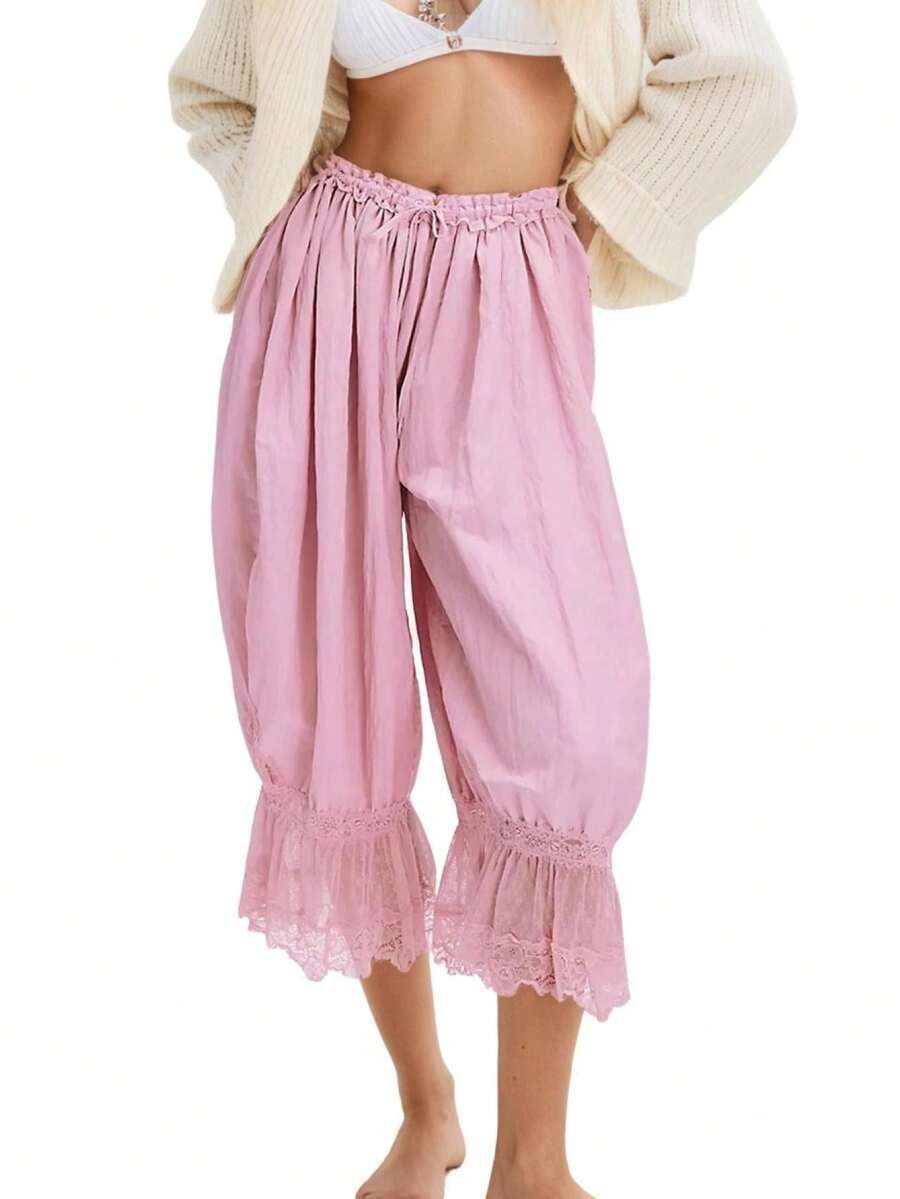 Women Y2K Half Slip Under Dress Pettipants Mid Rise Lace Patchwork Bloomers Trousers Ruffle Pantaloons Cropped Flared Pants Cute Pumpkin Long Pants - Hồng - Xem 1