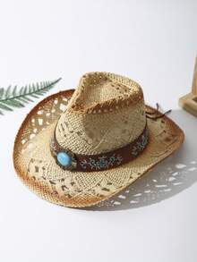 1pc Unisex Turquoise & Belt Decor Dyeing Custom Travel Shade Summer Hollow Out Cowgirl Hat Wide Brim Band Hand Sun Hat Beach Hat Boho Straw Hat Handmade Printed Breathable With Beaded Trim Woven Cowboy Hat For Wedding Party - 米色 - 查看 1