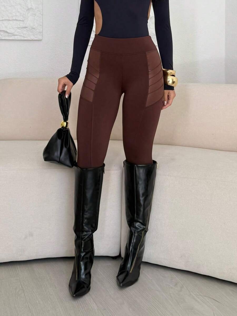 Women's Riding Pants With Cirrê Detail, Flannel-Lined Lycra, High Waist, Slim Fit, Casual Fashion, Autumn/Winter Clothing - 鏽棕色 - 查看 1
