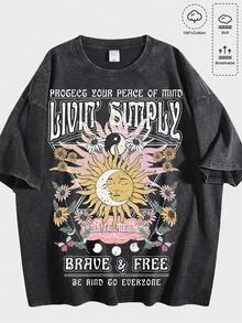 Dirty Wash T-Shirt Men Women Unisex Distressed Vintage "Sun" Rock Band Grunge Oversized Short Sleeve Top - Dirty Black 02 - View 1