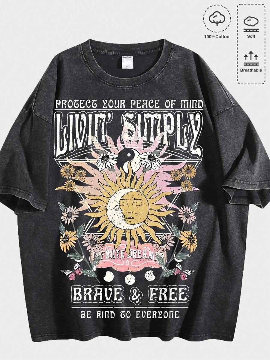 Dirty Wash T-Shirt Men Women Unisex Distressed Vintage "Sun" Rock Band Grunge Oversized Short Sleeve Top - Dirty Black 02 - View 1