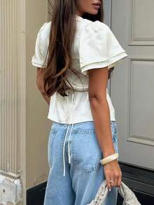 Fashionable Elegant V-Neck Lace Trim Tie-Up Button Ruffle Sleeve Casual Blouse Summer - Apricot - View 2